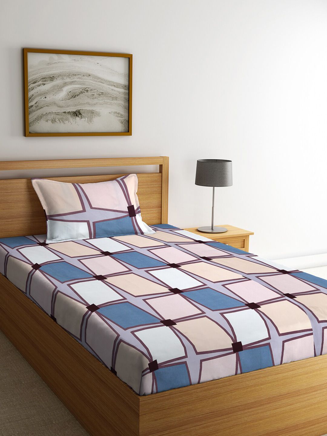 HOSTA HOMES Multicoloured Geometric 210 TC Single Bedsheet with 1 Pillow Cover Price in India