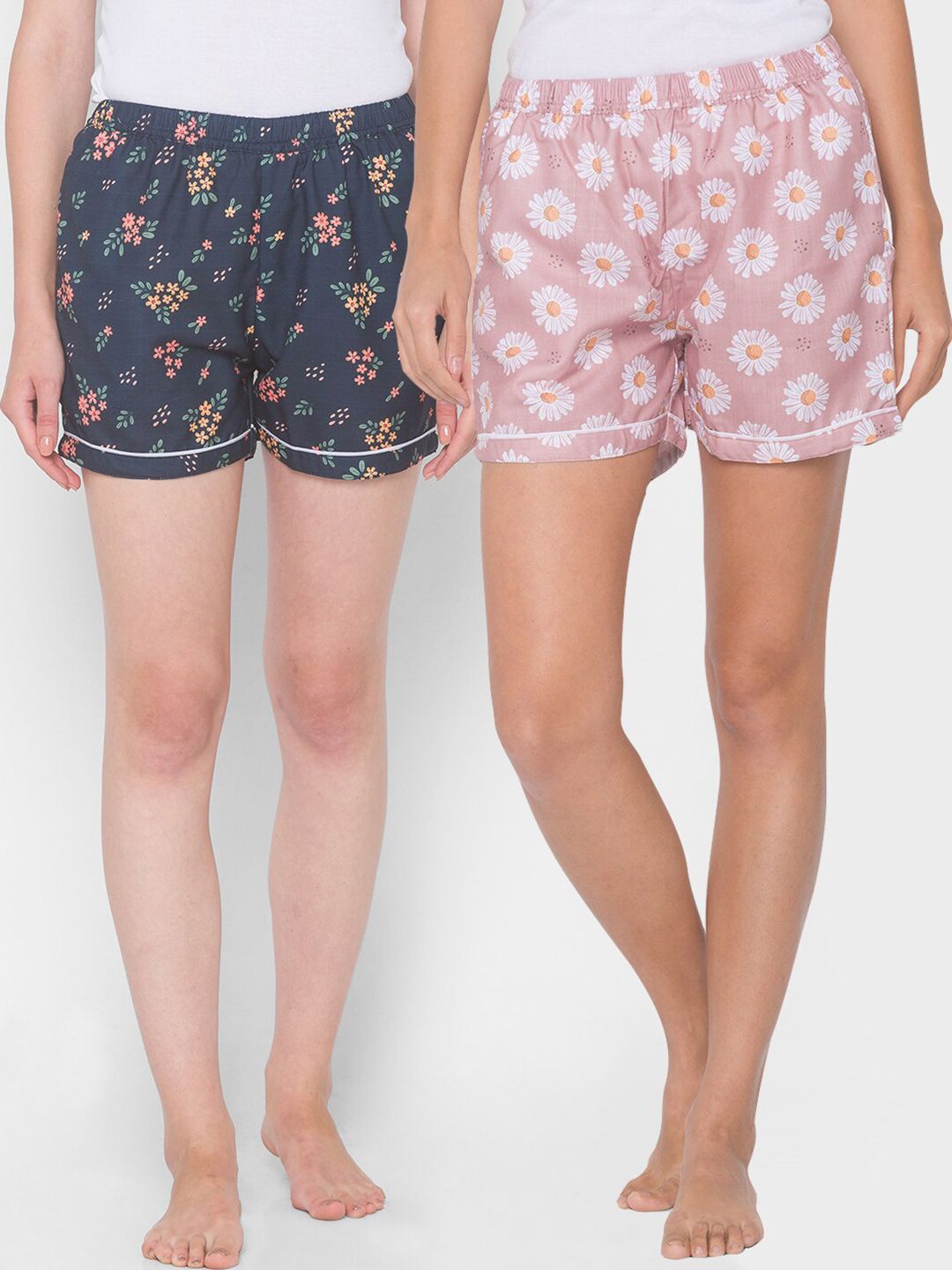 FashionRack Women Pink & Navy Blue Pack Of 2 Printed Lounge Shorts Price in India