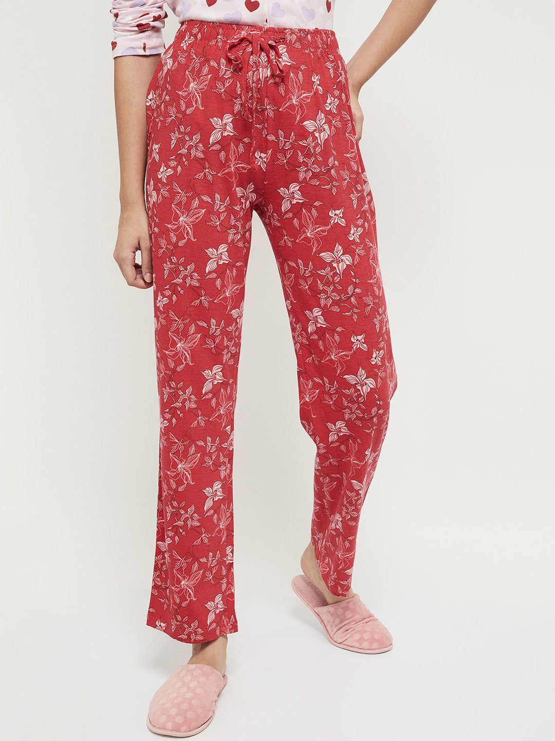 max Women Red & White Printed Pure Cotton Lounge Pants Price in India