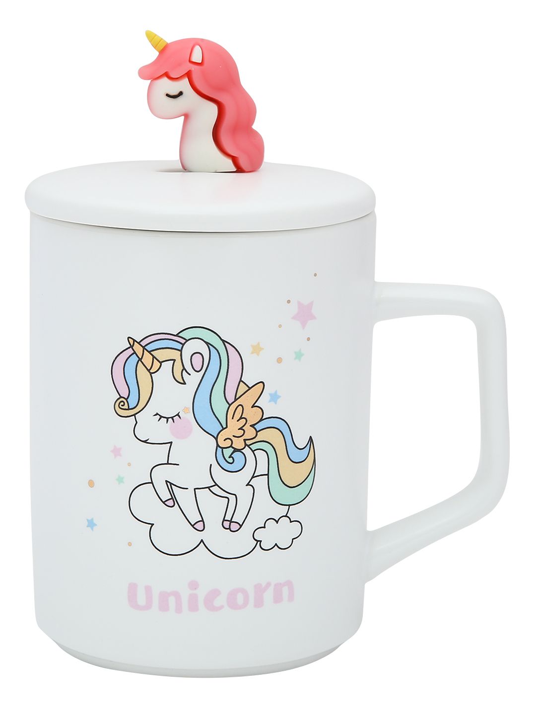 BonZeaL White & Blue Hand Rainbow Unicorn Painted Ceramic Matte Cups with Lid & Spoon Set Price in India