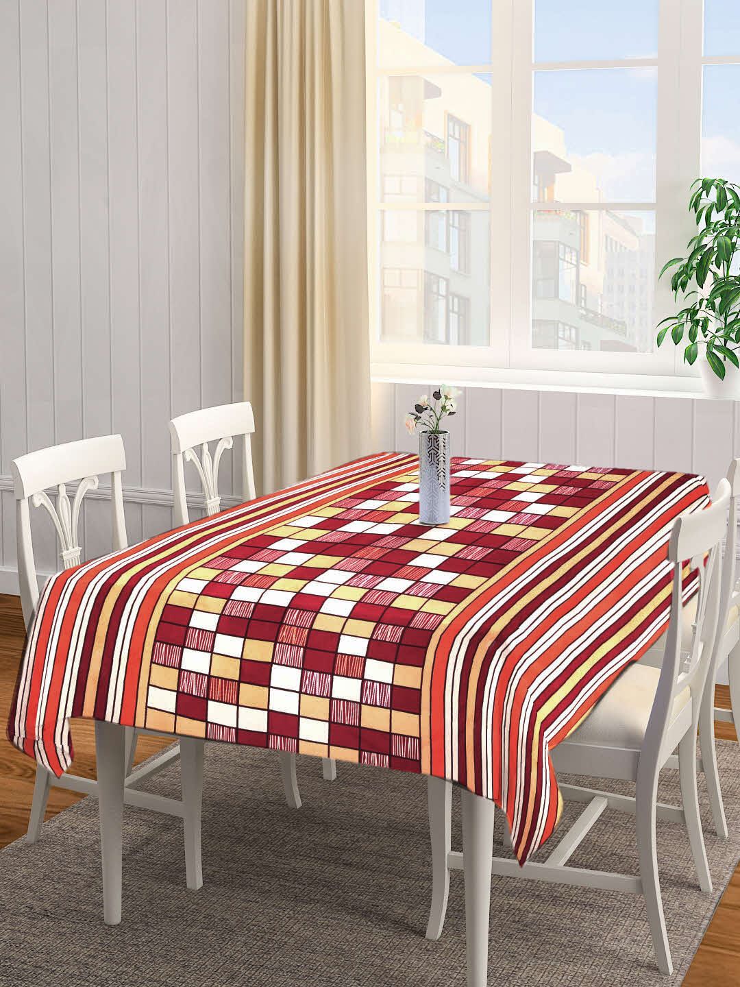 Arrabi Maroon & Beige Checked 6 Seater Table Cover Price in India