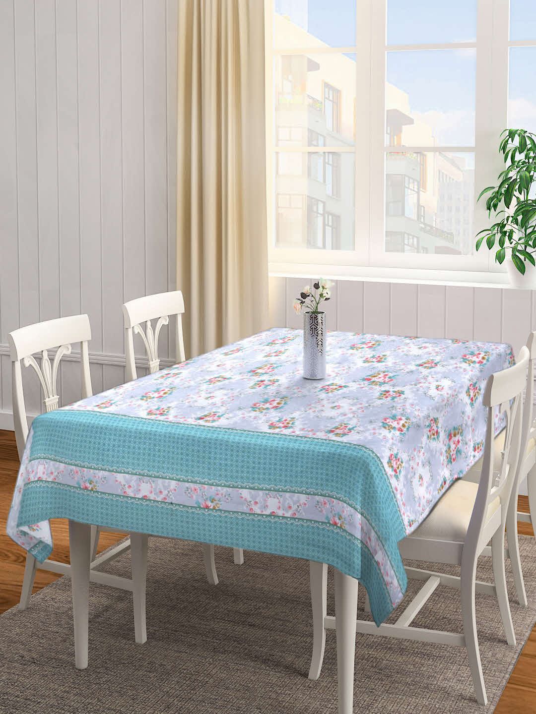 Arrabi Blue Floral TC Cotton Blend 6 Seater Table Cover Price in India