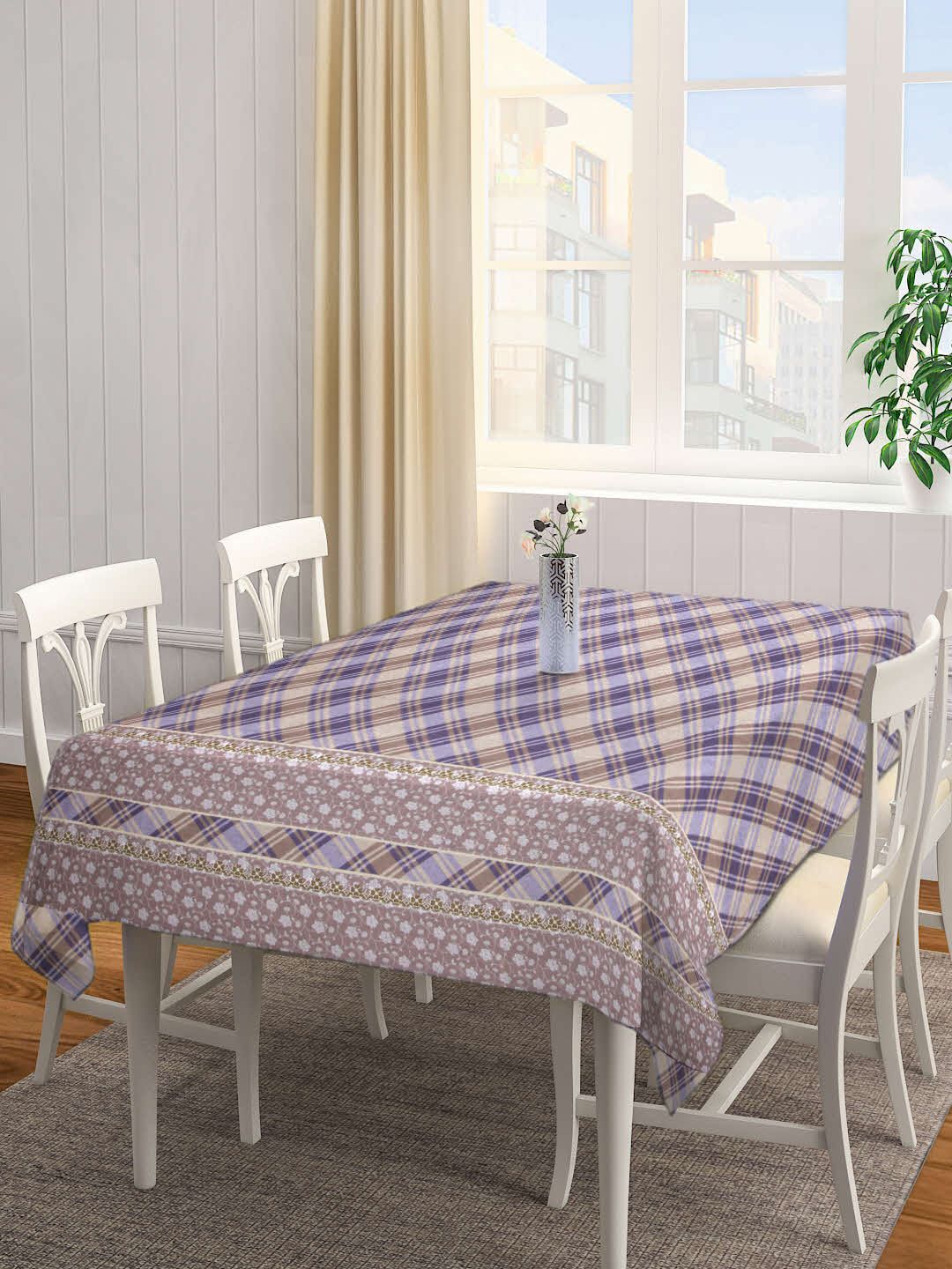 Arrabi Brown & Blue Checked 6 Seater Table Cover Price in India