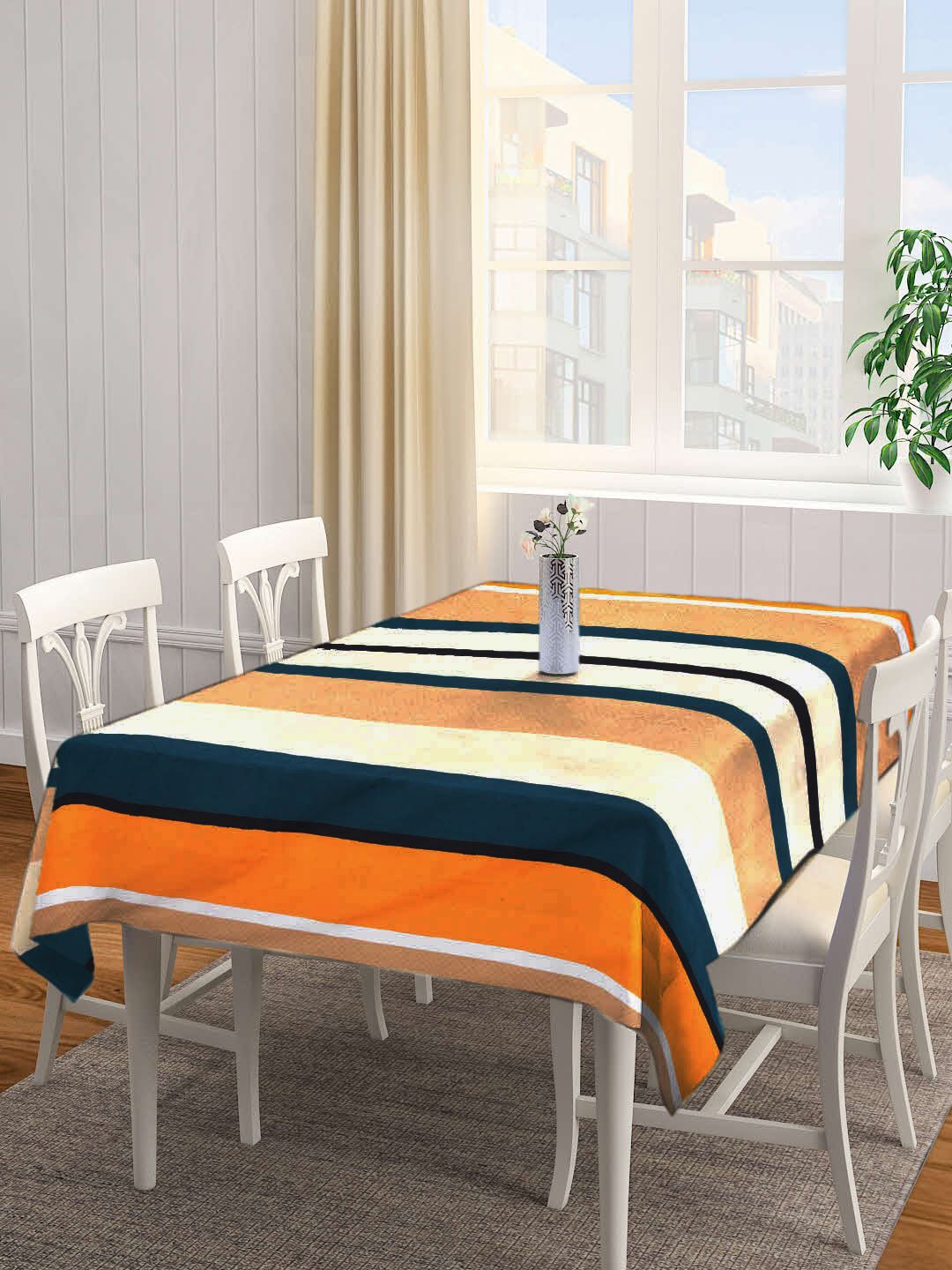 Arrabi Multicoloured Striped Cotton Blend 6 Seater Table Cover Price in India