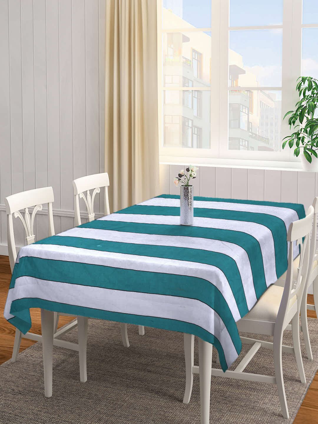 Arrabi Green & White Striped 6 Seater Table Cover Price in India