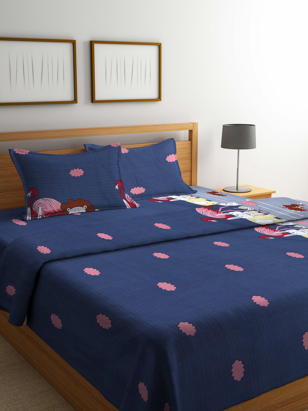 KLOTTHE Navy Blue & Pink Printed Cotton Double King Bedding Set Price in India