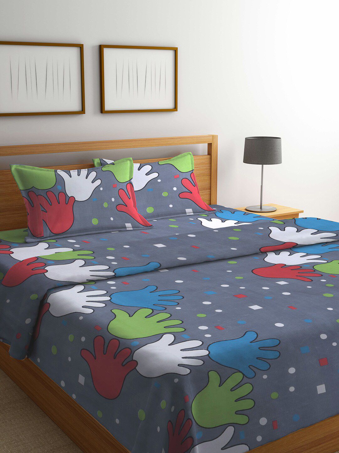 KLOTTHE Grey & Red Printed Cotton Double Queen Bedding Set With Comforter Price in India