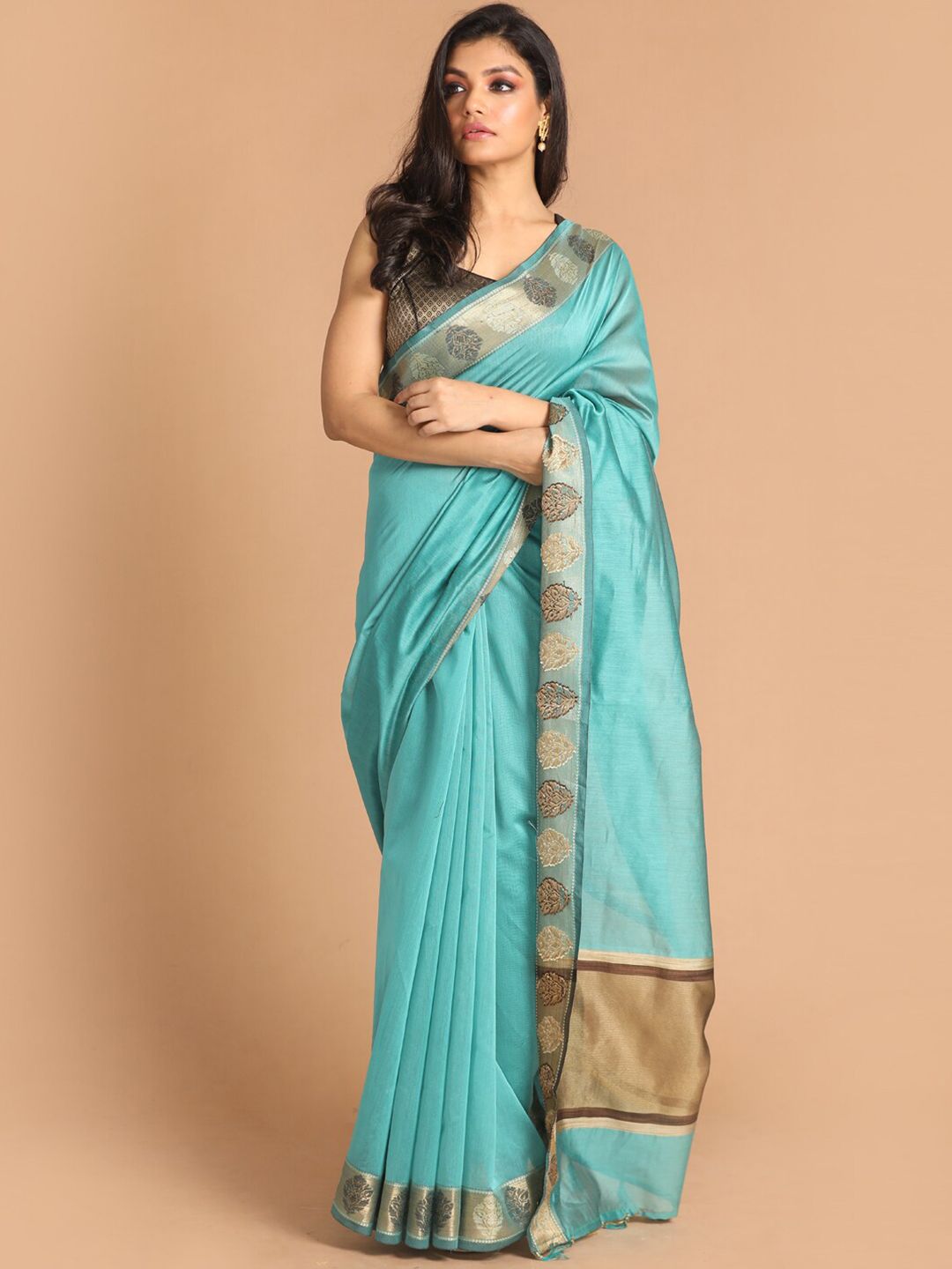 Indethnic Teal & Gold-Toned Banarasi Saree