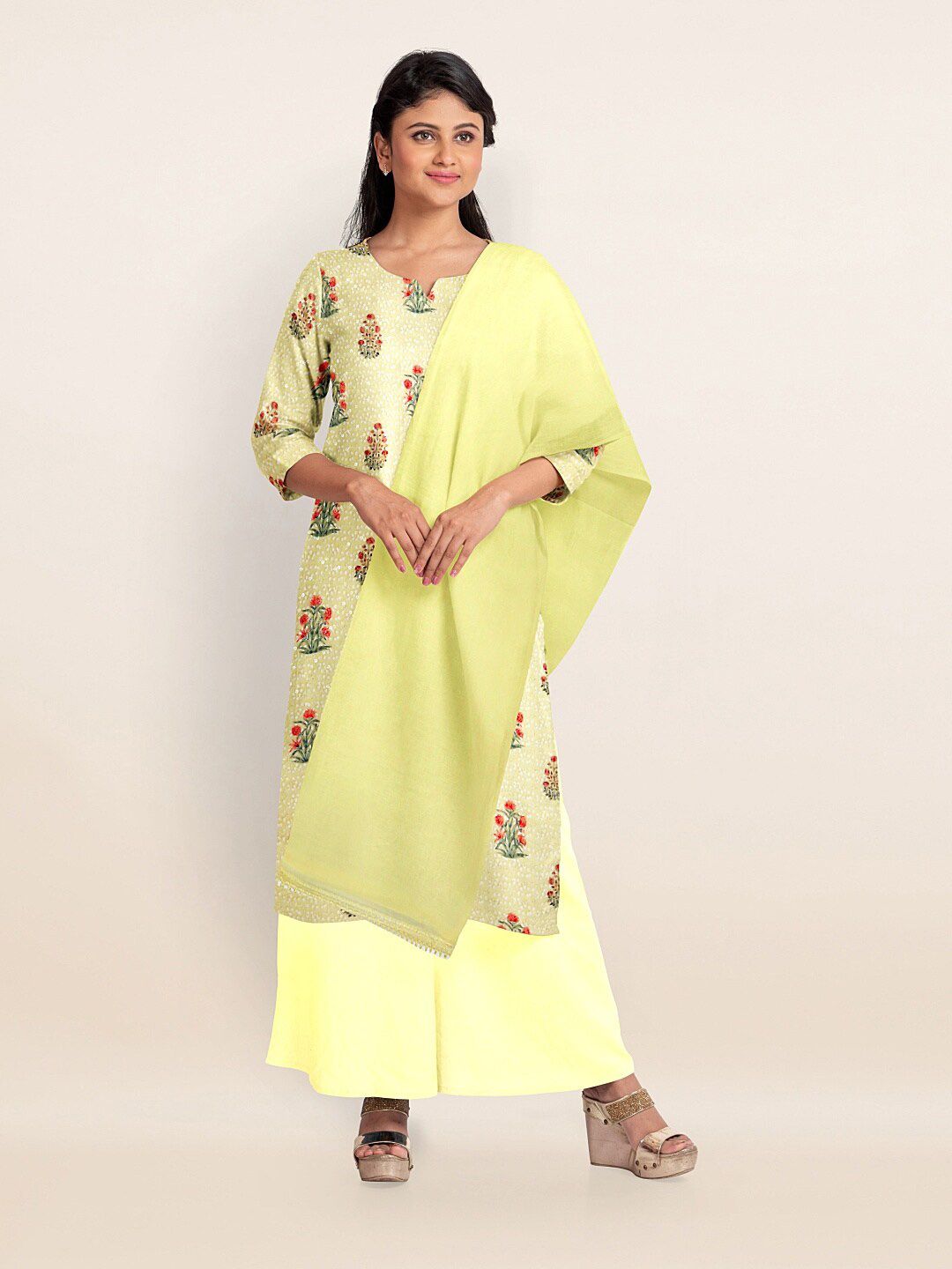 Pothys Yellow & Red Printed Unstitched Dress Material