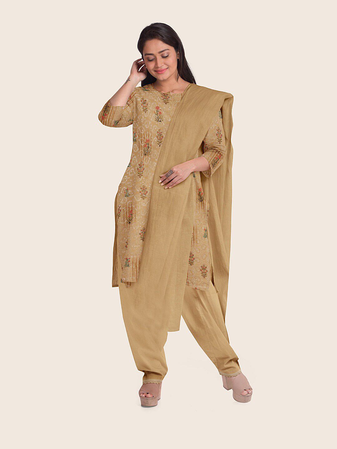 Pothys Beige & Red Embroidered Unstitched Dress Material
