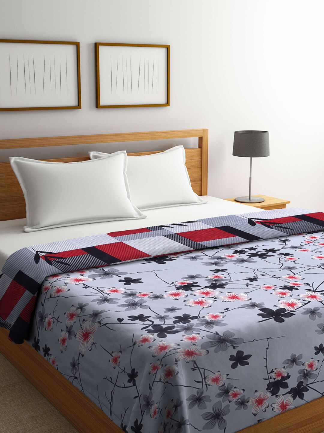 KLOTTHE Grey & Red Floral Mild Winter 350 GSM Double Bed Comforter Price in India