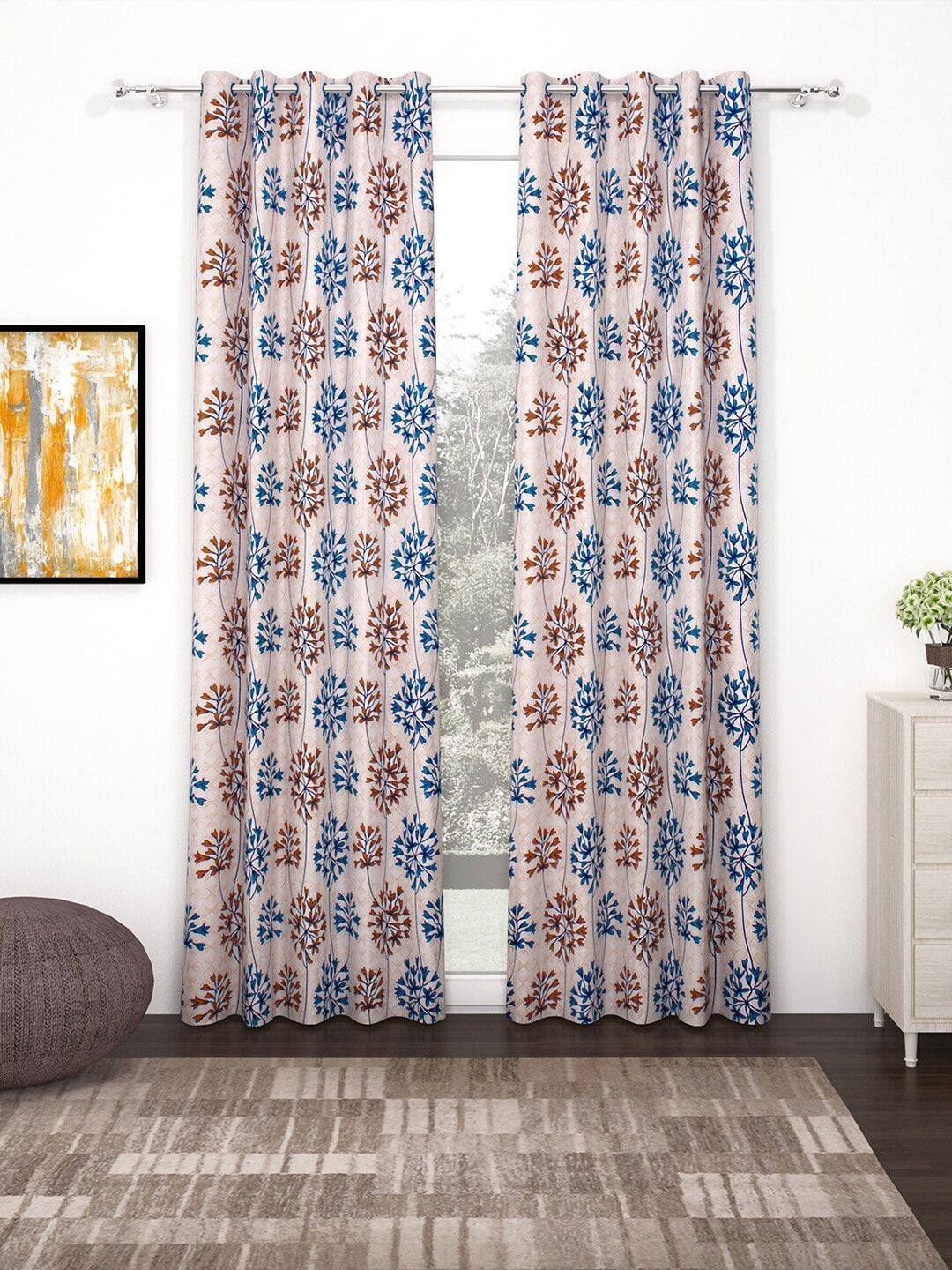 Bedspun Blue & Brown Set of 2 Floral Eyelet Door Curtain Price in India