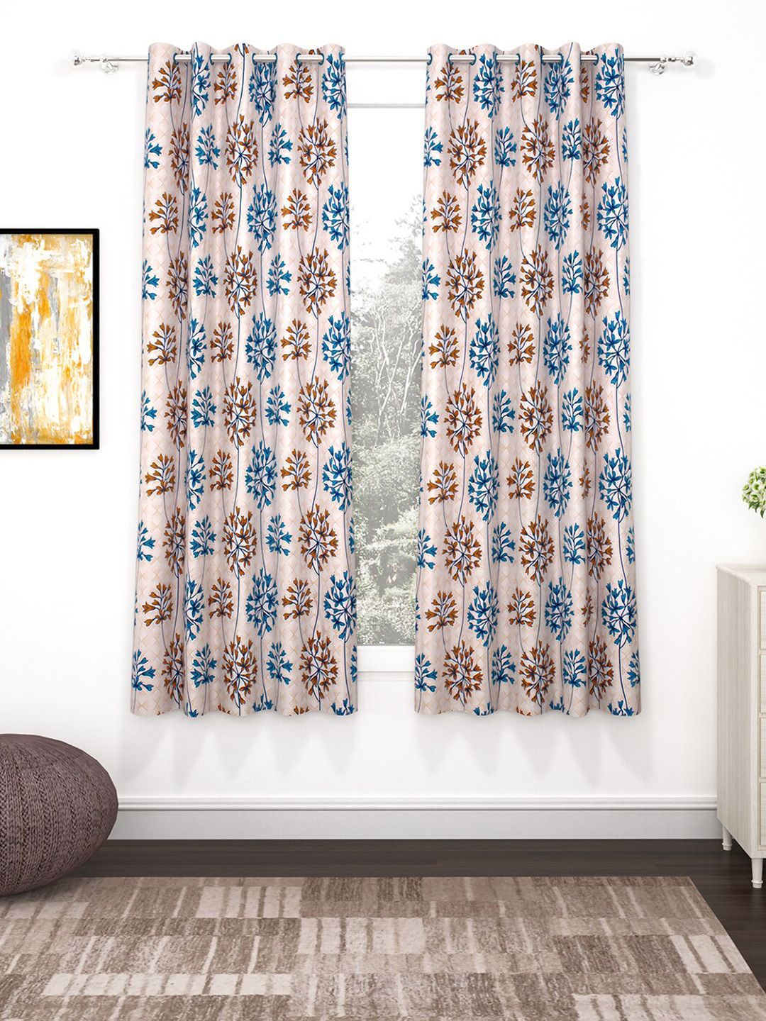 Bedspun Blue & Beige Set of 2 Floral Window Curtain Price in India