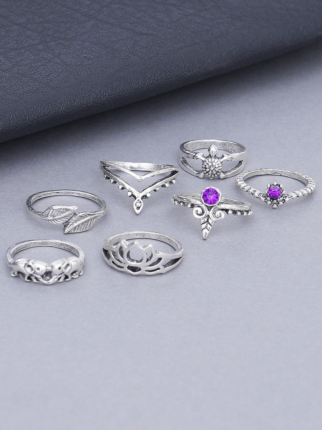 KARATCART Set Of 7 Oxidised Silver-Plated & Purple Finger Rings Price in India