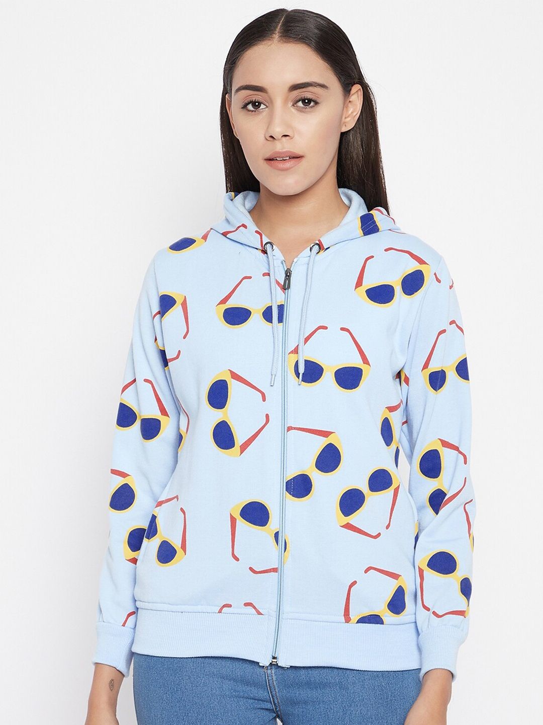 Uptownie Lite Women Blue Printed Hooded Sweatshirt Price in India