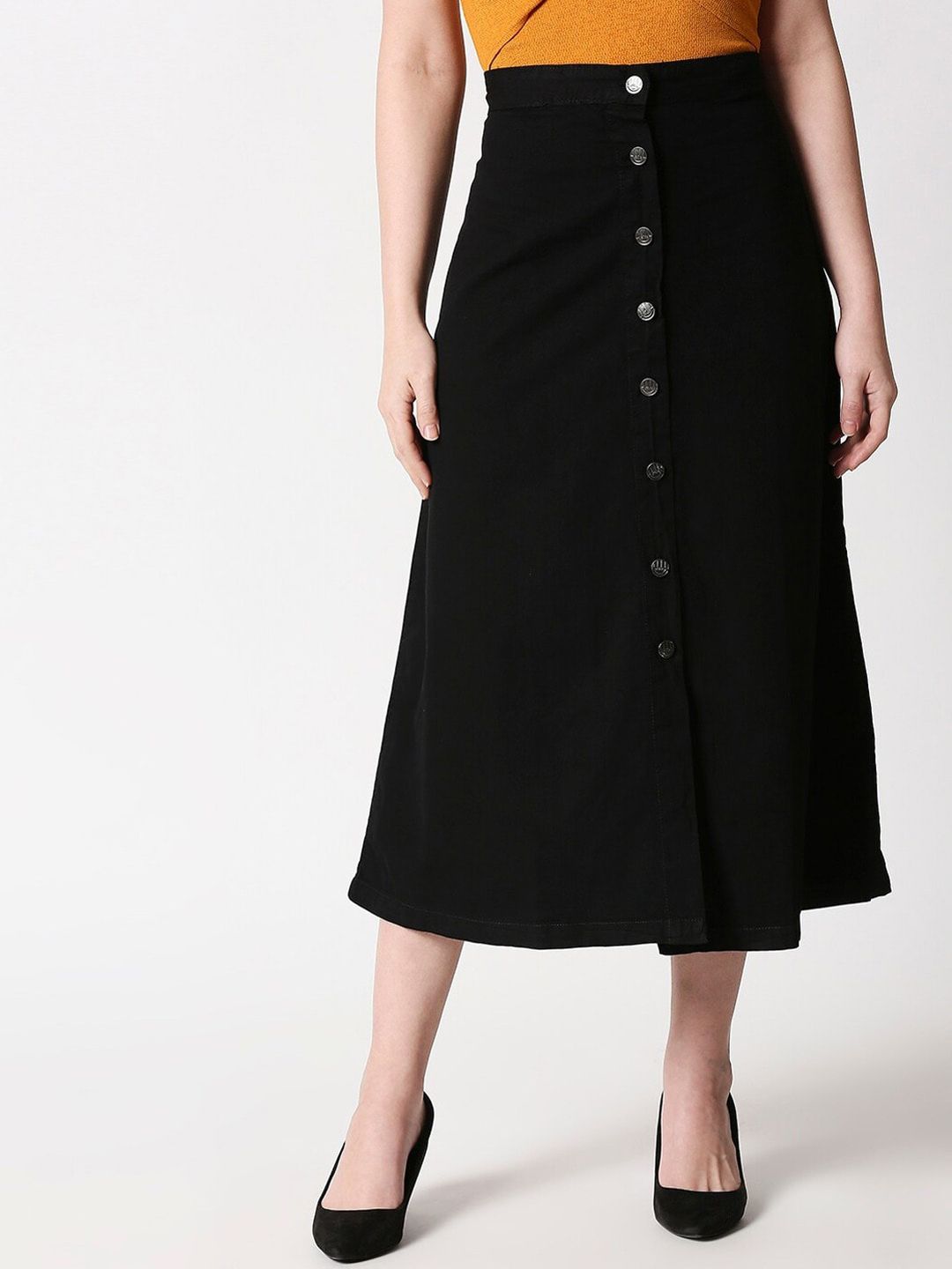 High Star Women Black Solid A-Line Midi Denim Skirt Price in India