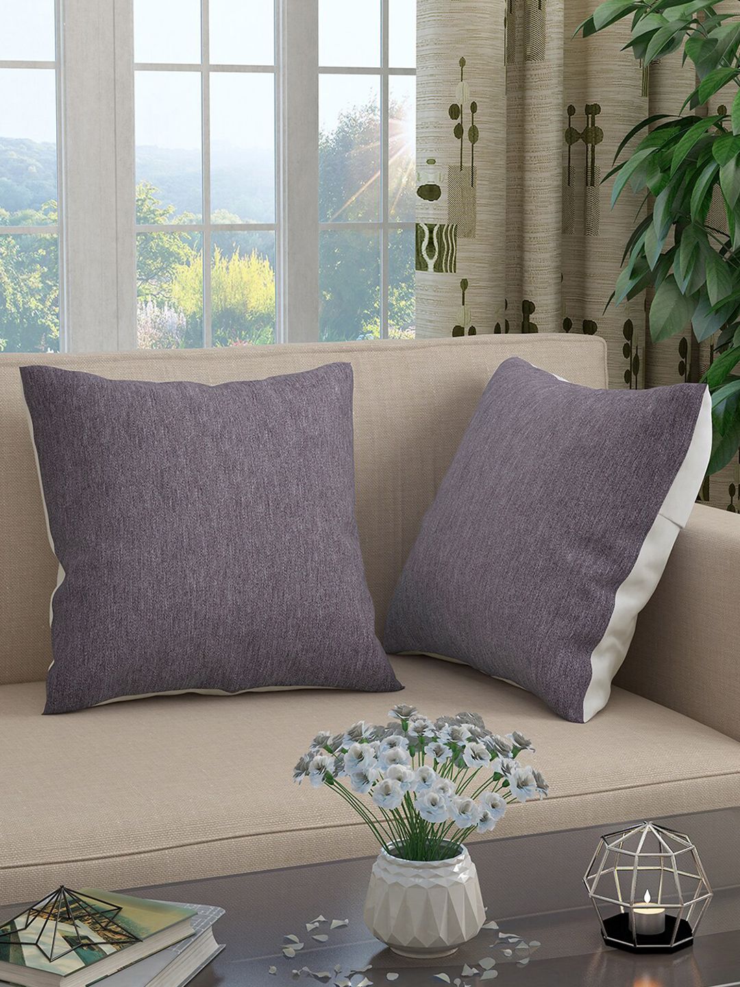 Story@home Violet & White Set of 2 Square Cushion Covers Price in India