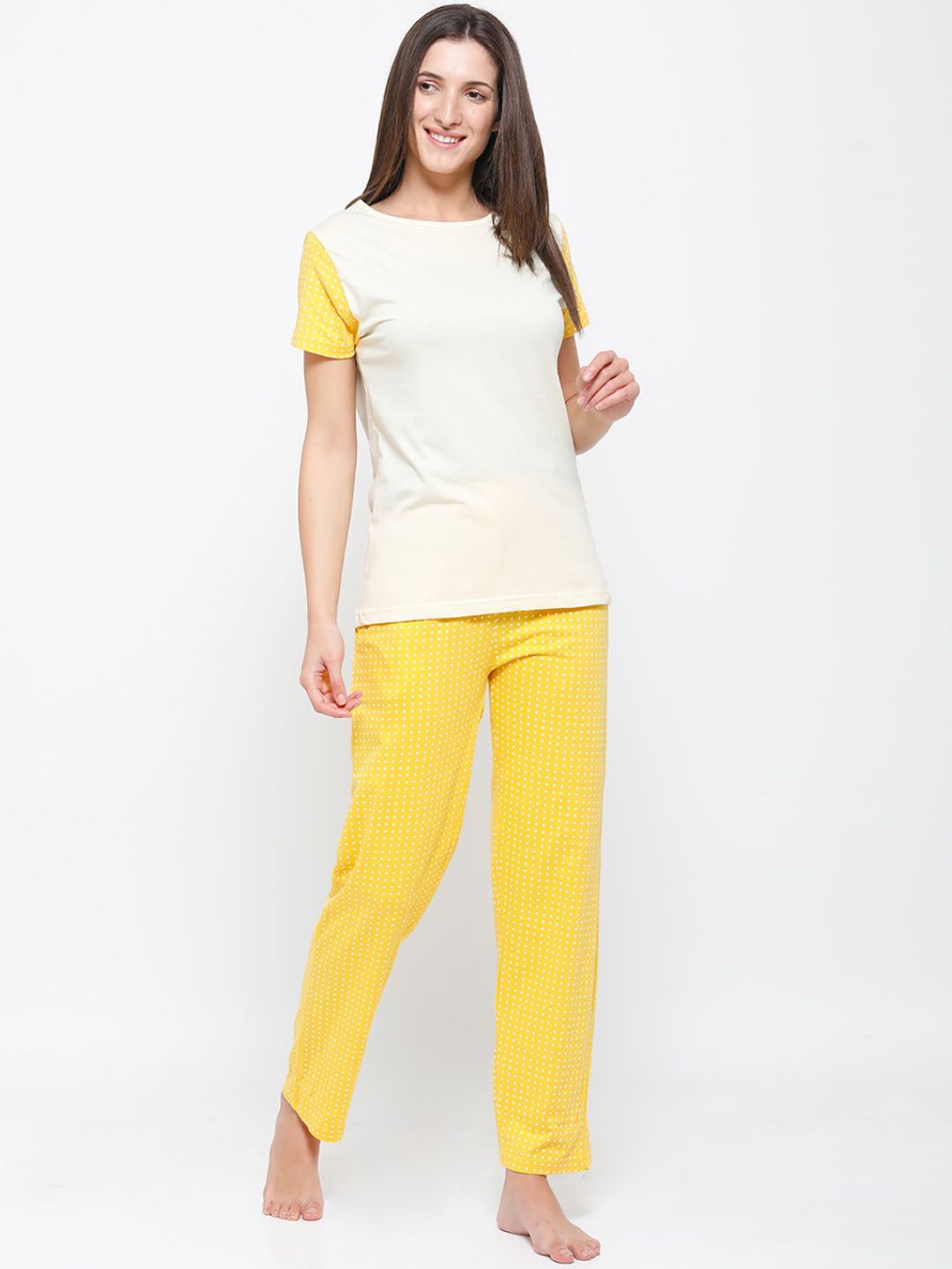 De Moza Women Yellow Polka Dots Printed Cotton Lounge Pants Price in India