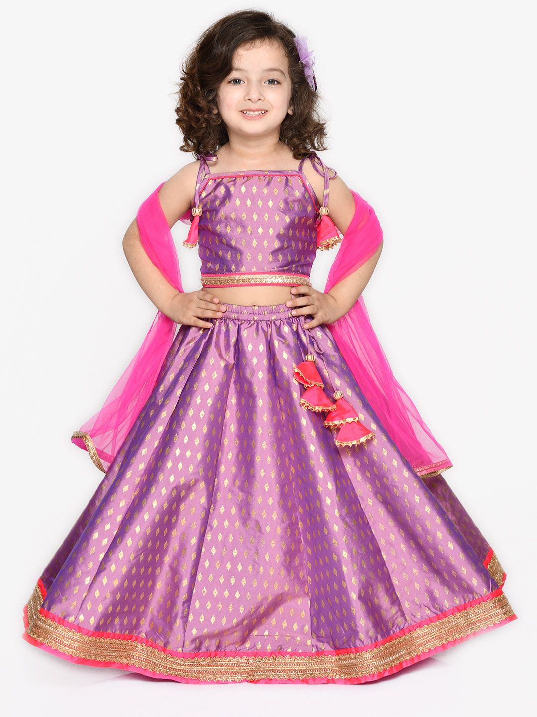 SAKA DESIGNS Girls Purple & Gold-Toned Printed Sequinned Ready to Wear Lehenga & Blouse With Dupatta Price in India