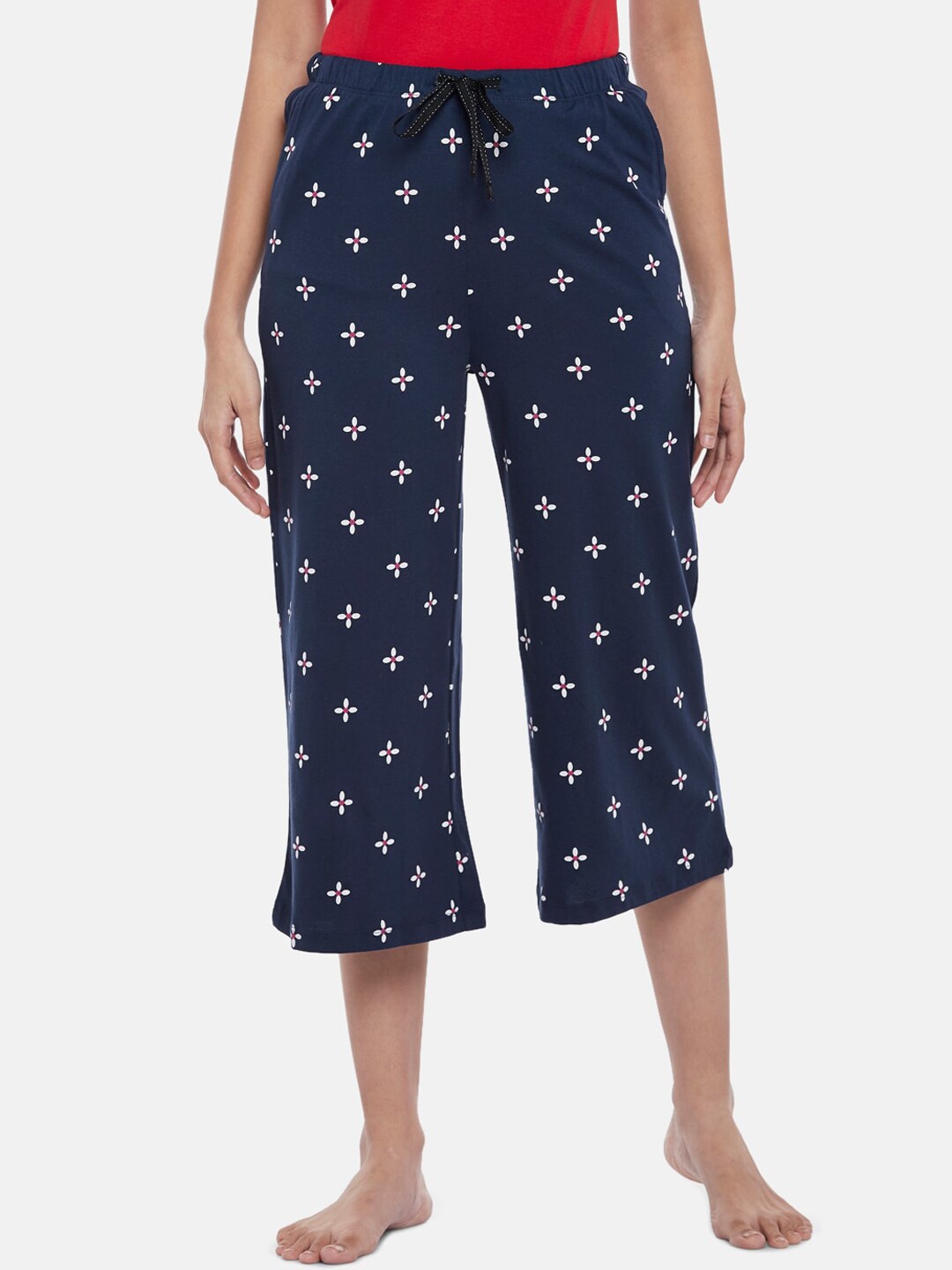 Dreamz by Pantaloons Women Navy Blue Printed Three-Fourth Length Cotton Lounge Pants Price in India