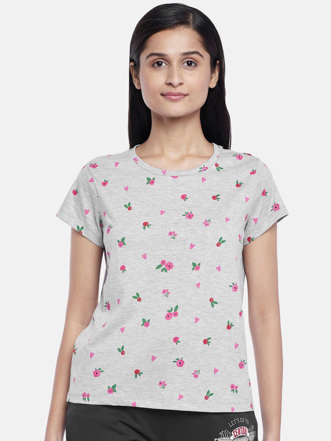 Dreamz by Pantaloons Women Grey & Pink Floral Print Pure Cotton Lounge T-Shirt Price in India