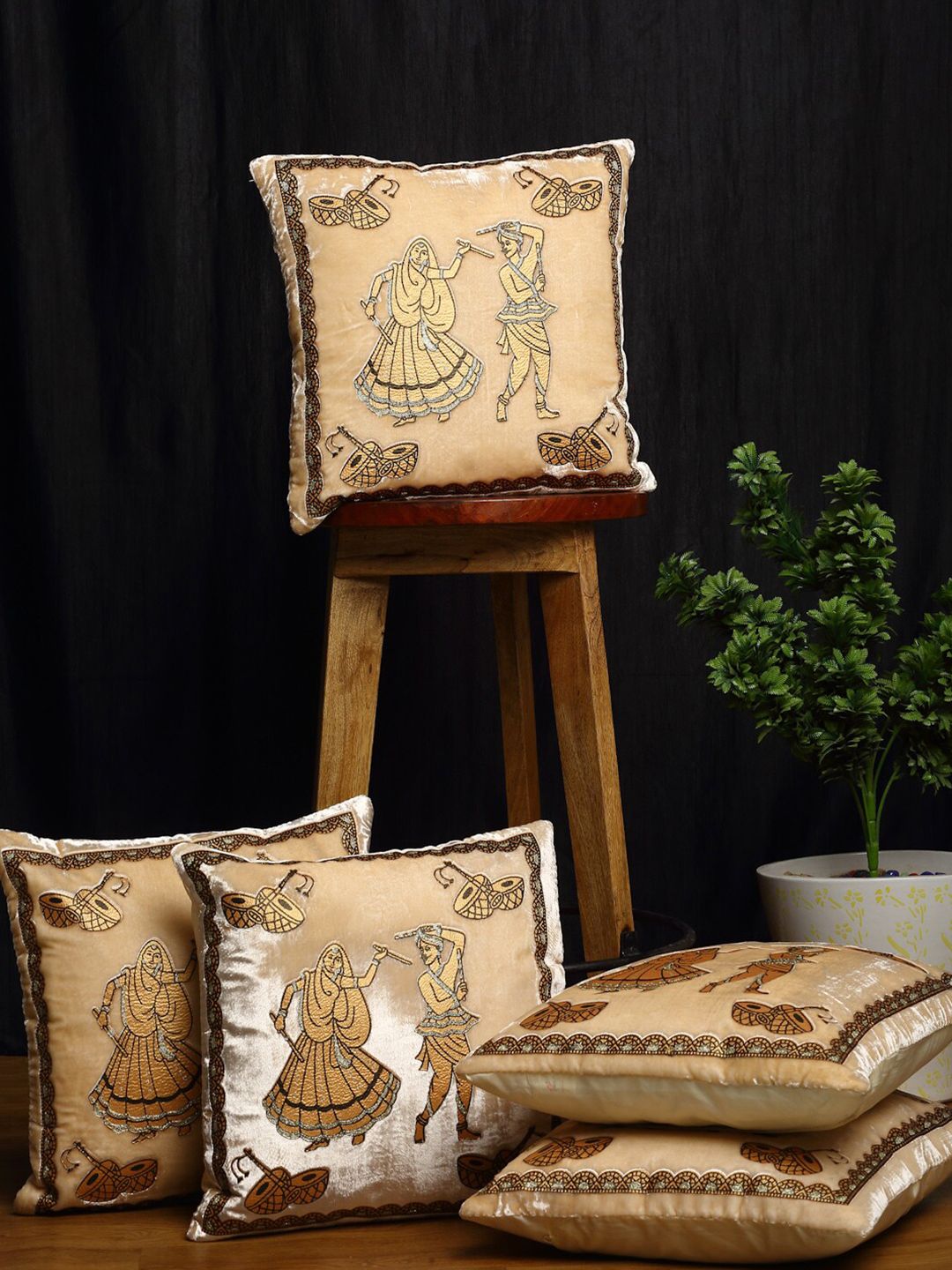 HOSTA HOMES Cream-Coloured & Brown Set of 5 Ethnic Motifs Velvet Square Cushion Covers Price in India