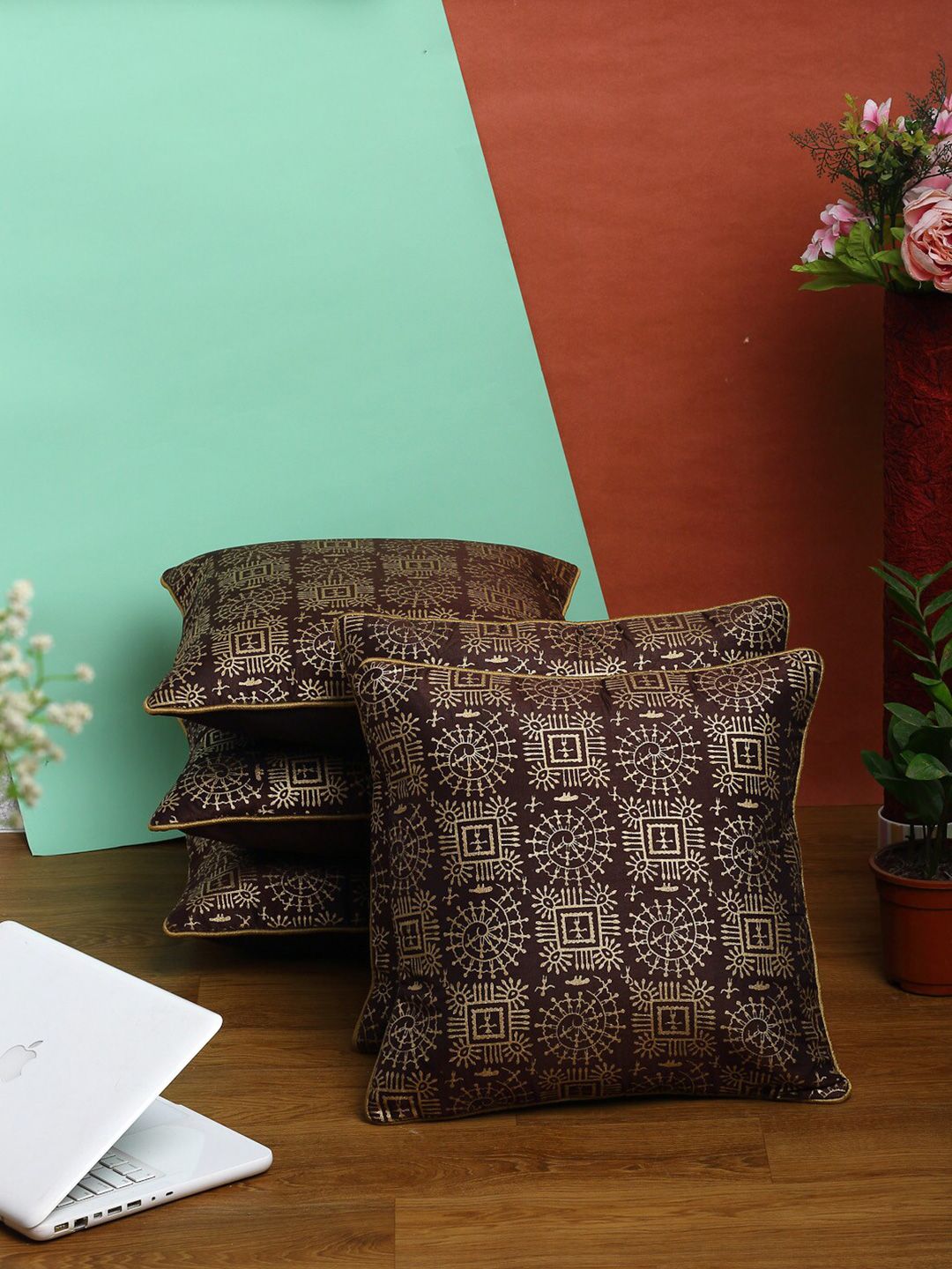 HOSTA HOMES Set Of 5 Brown & Beige  Geometric Square Cushion Covers Price in India