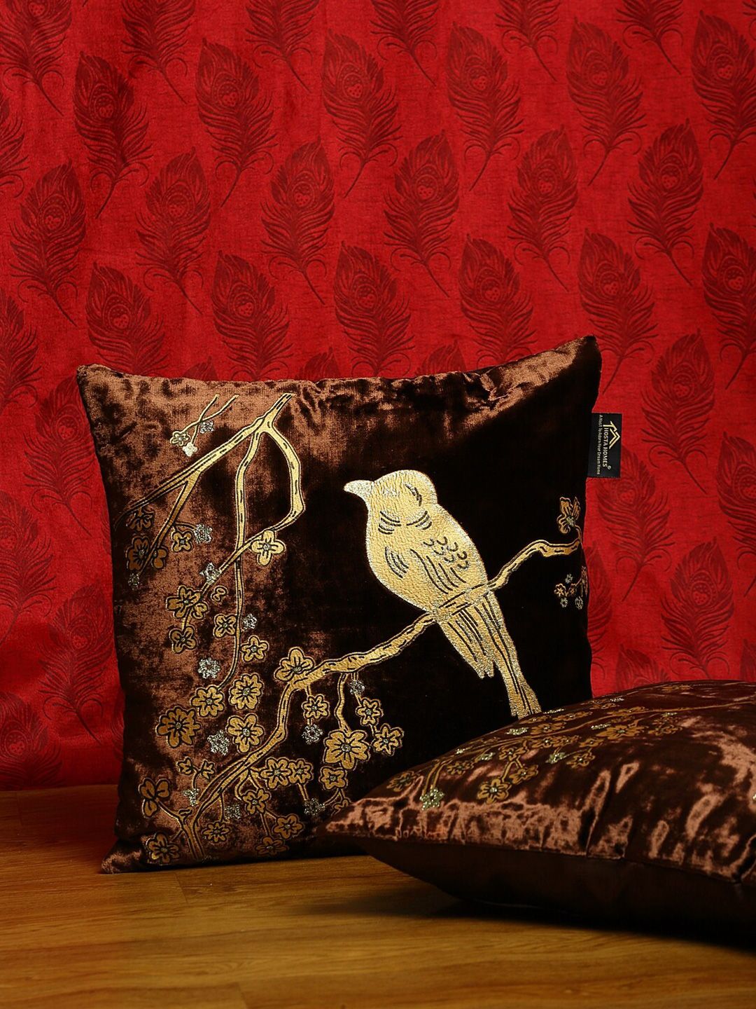 HOSTA HOMES Brown & Gold-Toned Set of 2 Floral Velvet Square Cushion Covers Price in India