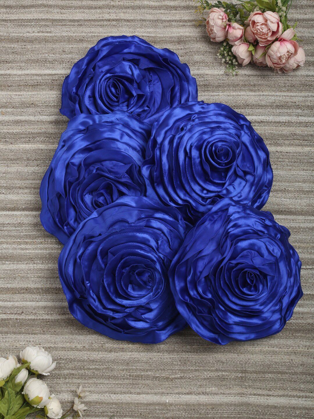 HOSTA HOMES Blue Set of 5 Satin Round Flower Cushion Covers Price in India