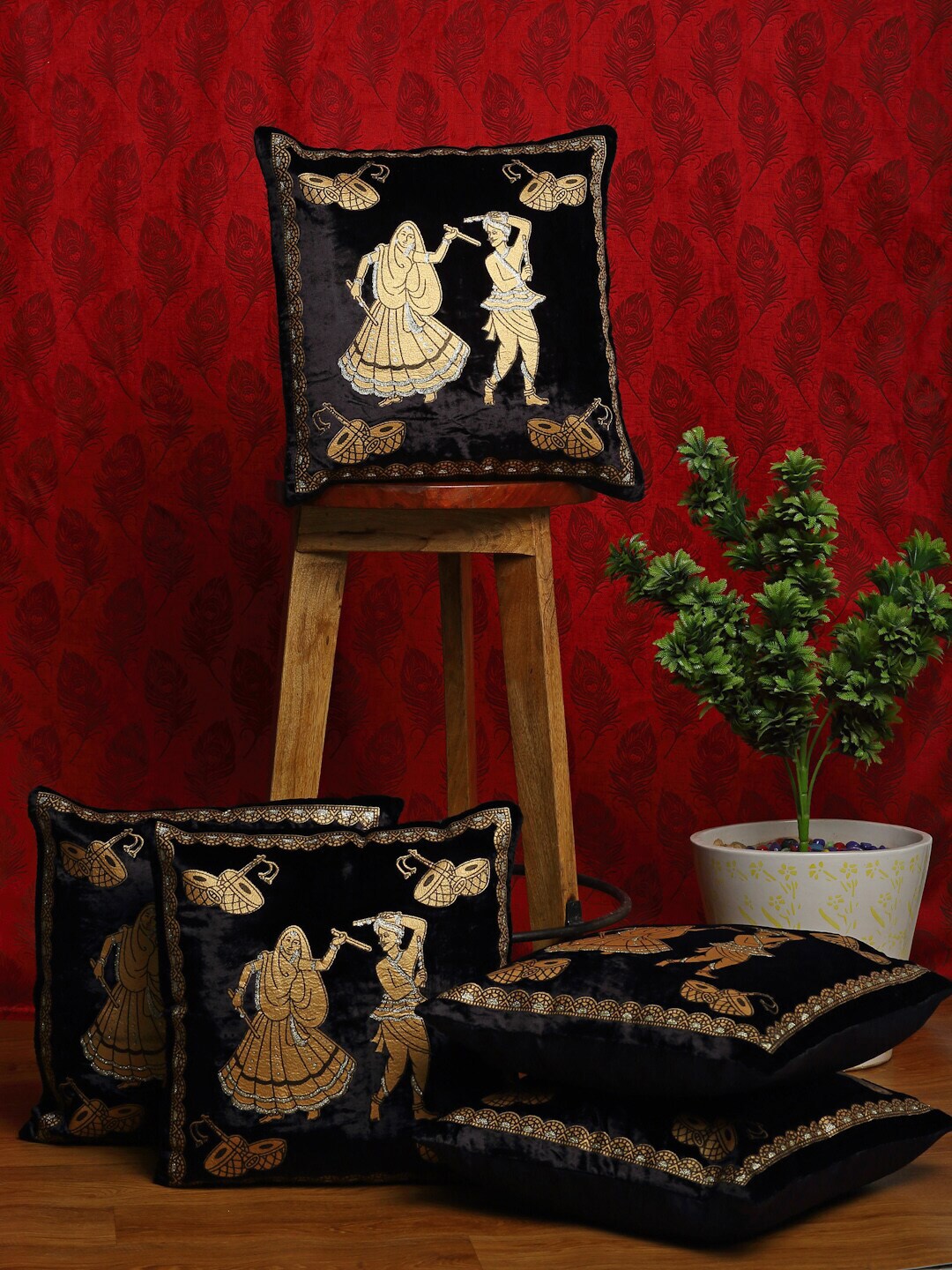 HOSTA HOMES Black & Gold-Toned Set of 5 Ethnic Motifs Velvet Square Cushion Covers Price in India
