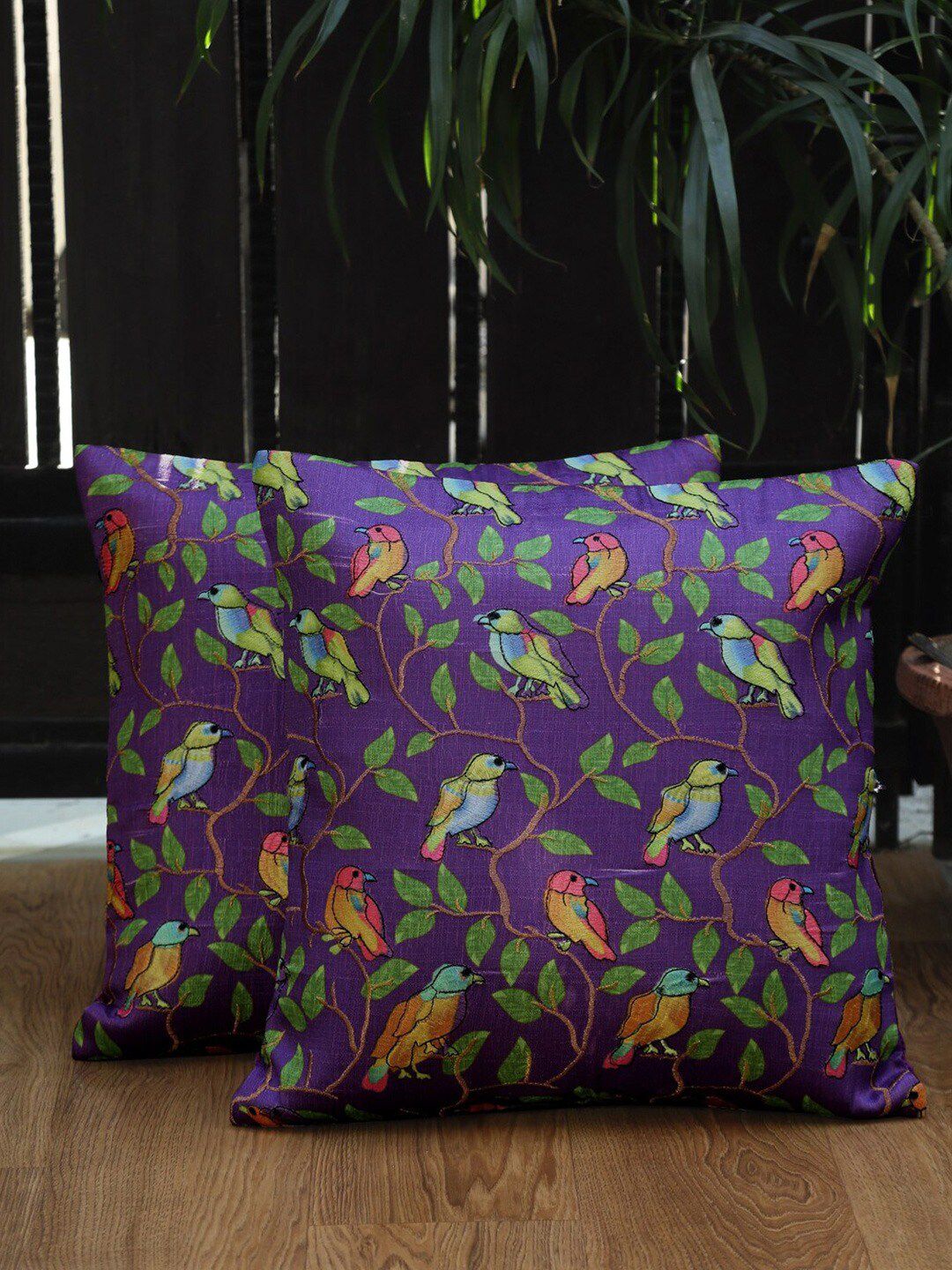 HOSTA HOMES Purple & Green Set of 2 Floral Square Cushion Covers Price in India