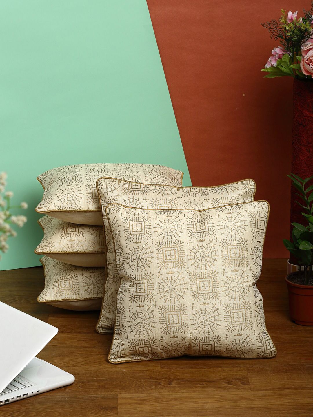 HOSTA HOMES Cream-Coloured Set of 5 Ethnic Motifs Square Cushion Covers Price in India