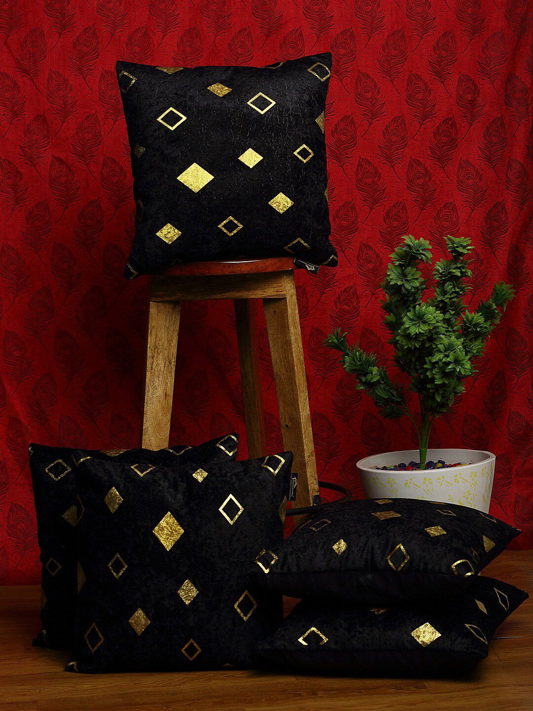 HOSTA HOMES Set Of 5 Black & Gold-Toned Velvet Square Cushion Covers Price in India