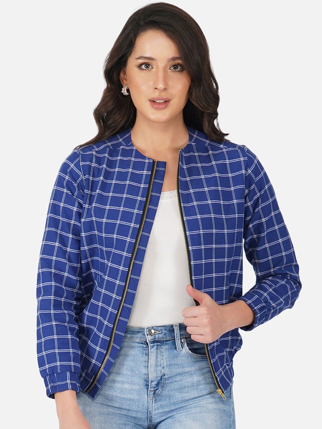 FABNEST Women Blue & White Checked Lightweight Cotton Bomber Jacket Price in India