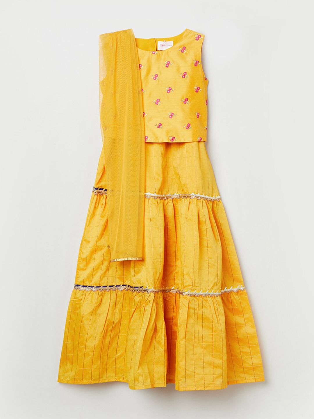 max Girls Yellow & Pink Embroidered Ready to Wear Lehenga &