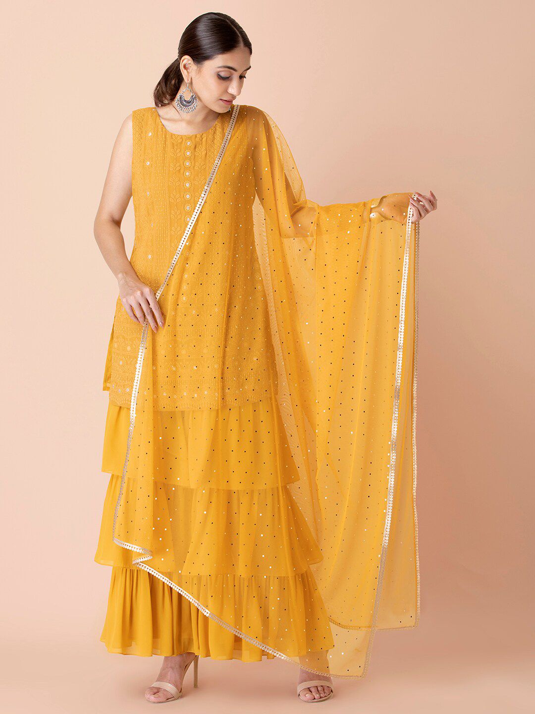 INDYA Yellow & Gold Foil Lace Mesh Dupatta Price in India