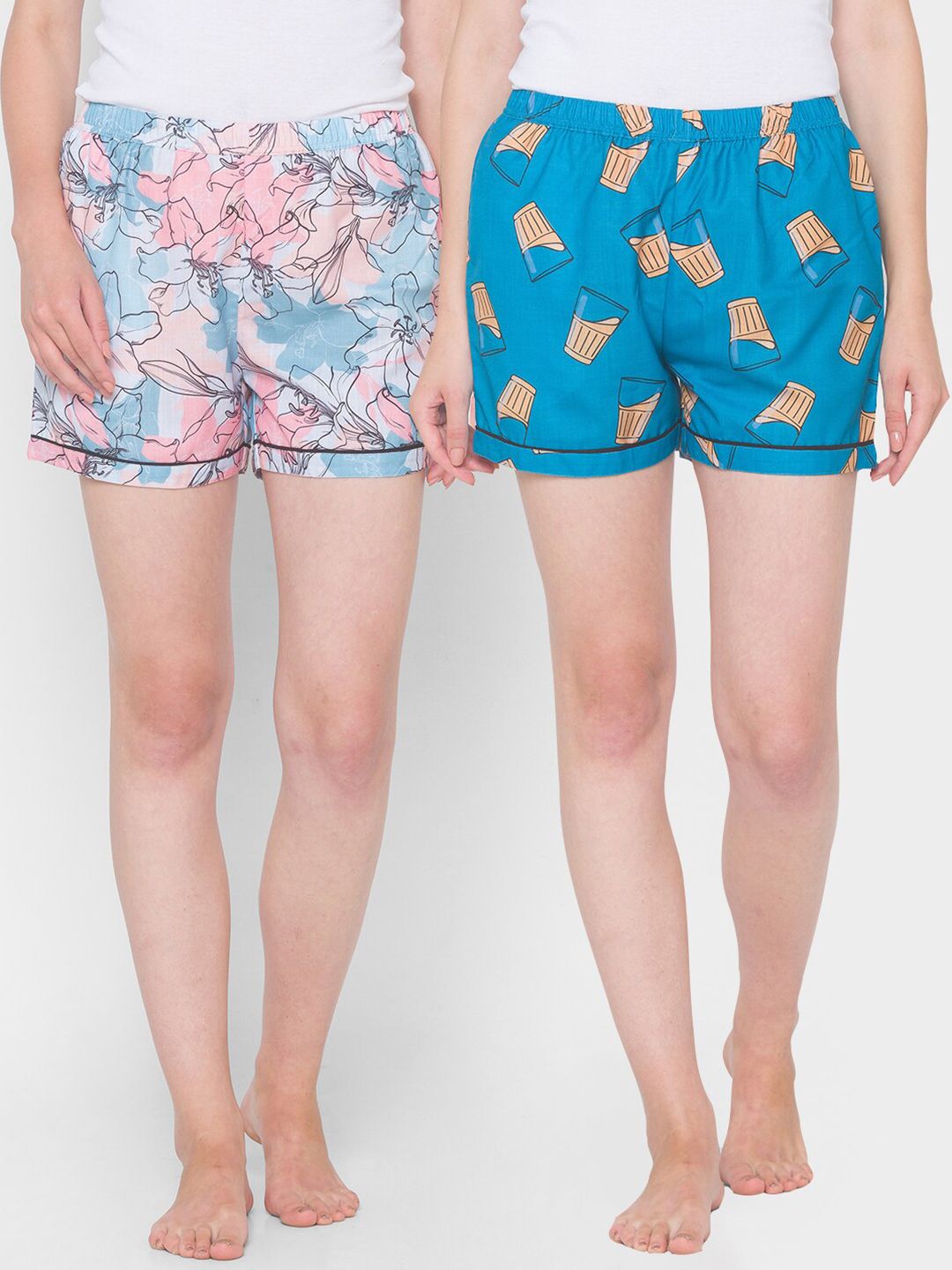 FashionRack Women Pack of 2 Blue & Pink Printed Cotton Lounge Shorts Price in India