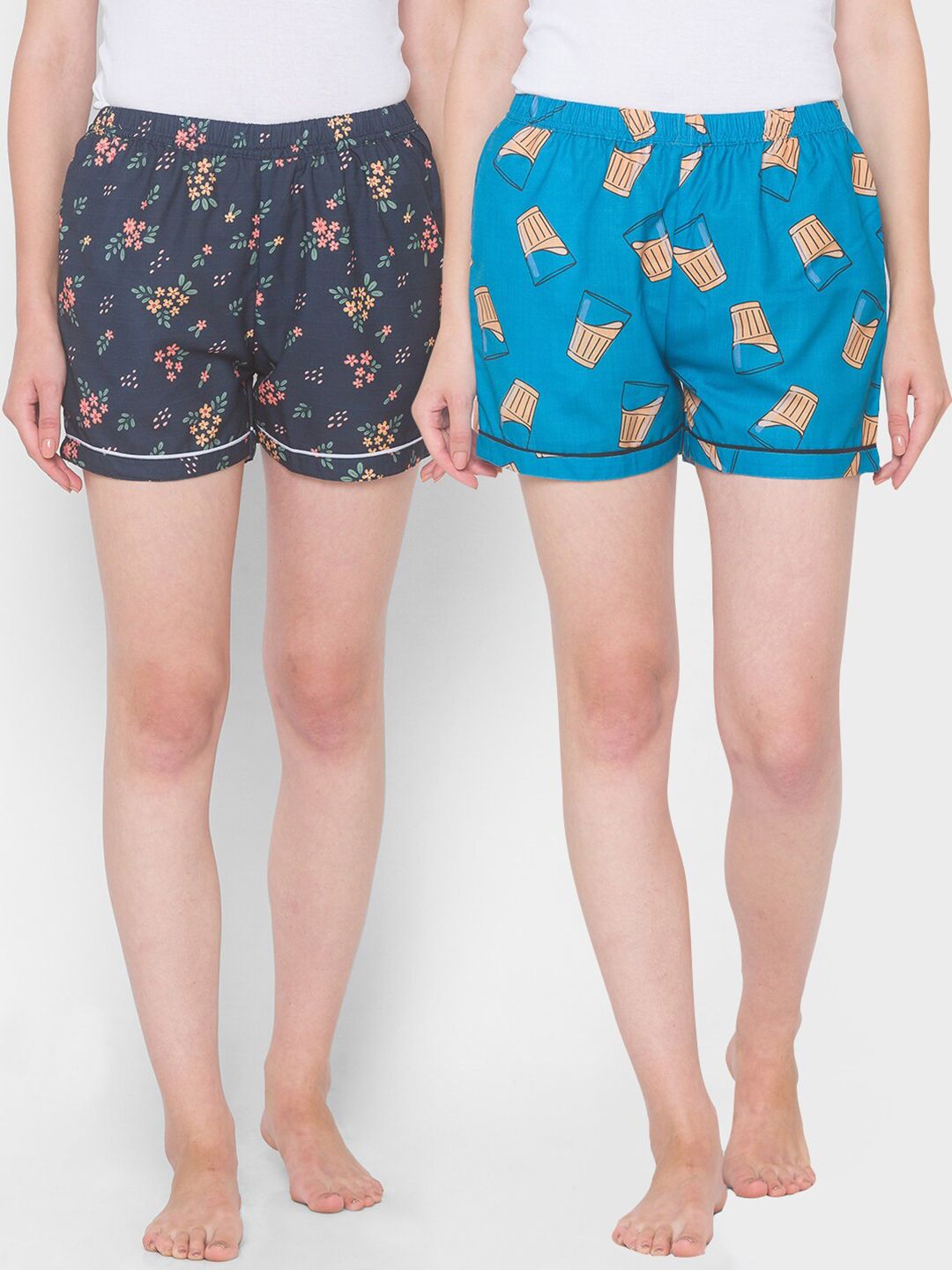 FashionRack Women Pack Of 2 Blue & Green Printed Lounge Shorts Price in India