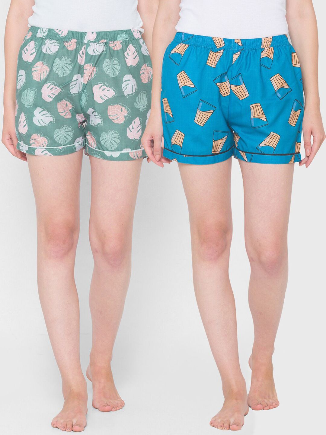 FashionRack Women Pack of 2 Blue & Green Cotton Printed Lounge Shorts Price in India