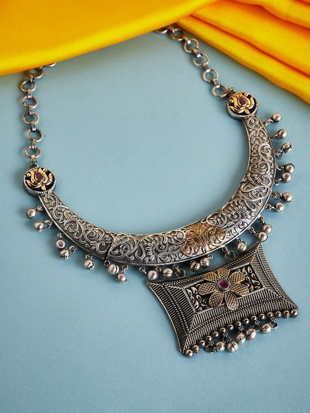 GloBox By ZeroKaata Silver-Toned Antique Textured Tribal Necklace Price in India