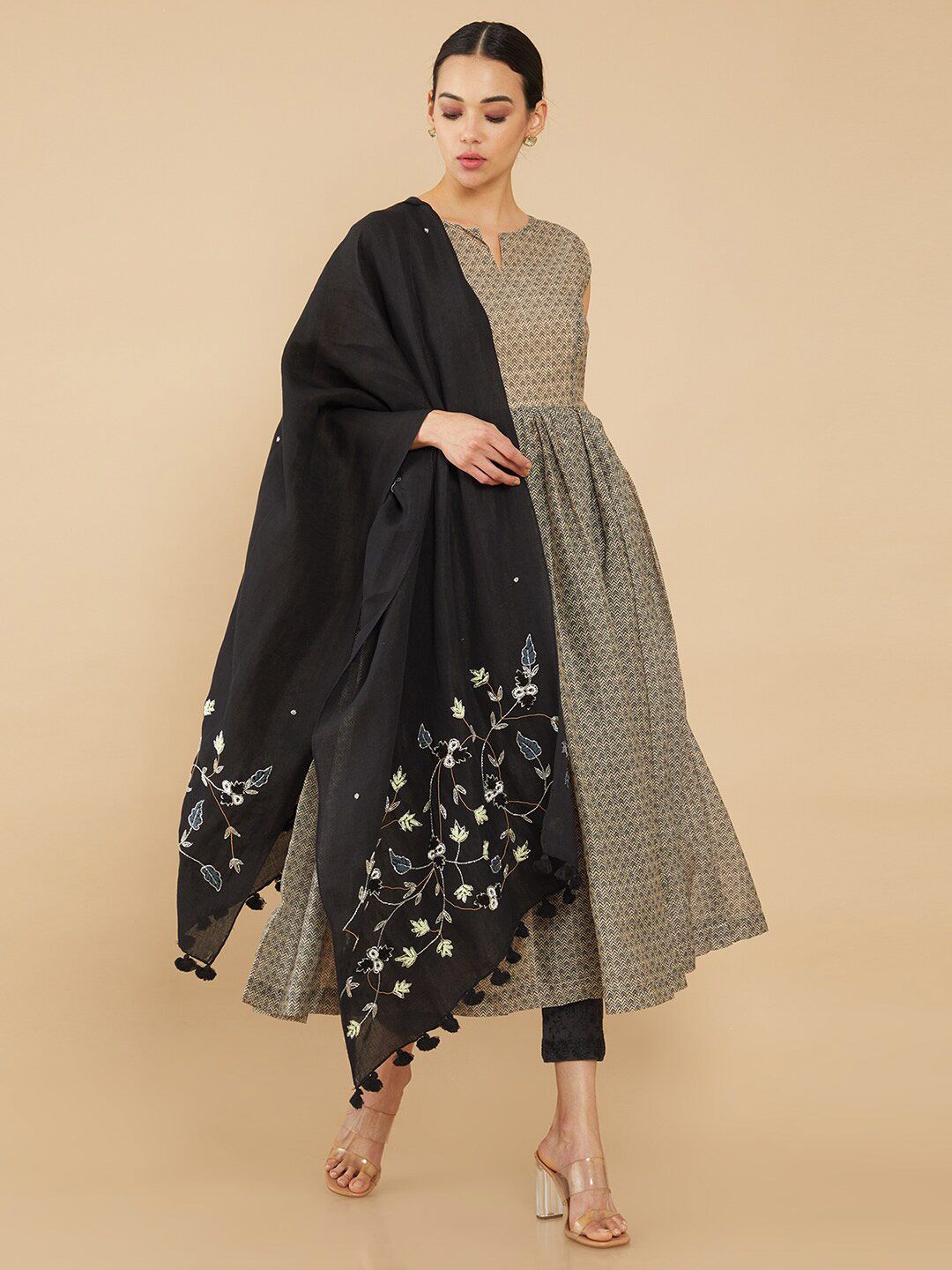 Soch Women Black & Grey Printed Stole Price in India