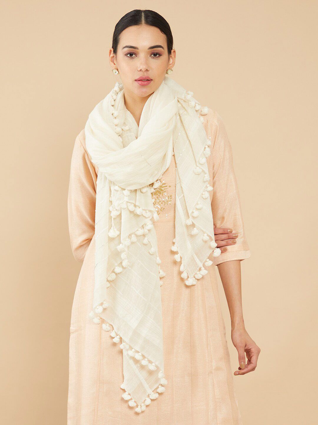 Soch Women Off White & Silver Woven Design Stole Price in India