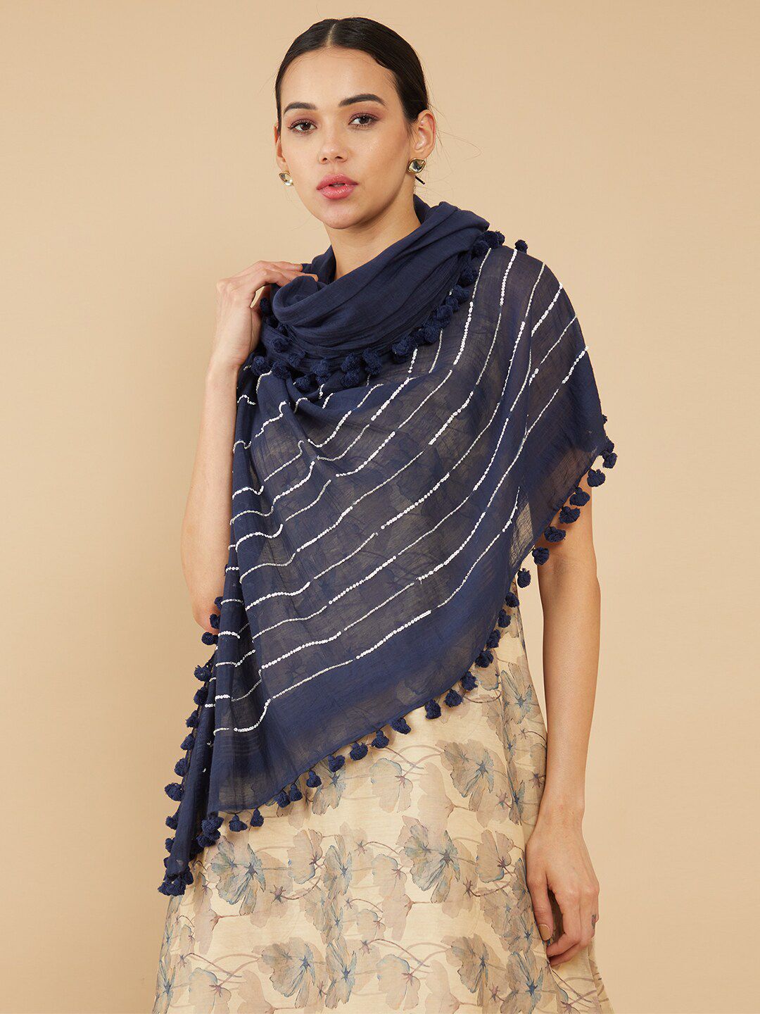 Soch Women Navy Blue & Silver-Toned Embroidered Cotton Stole Price in India