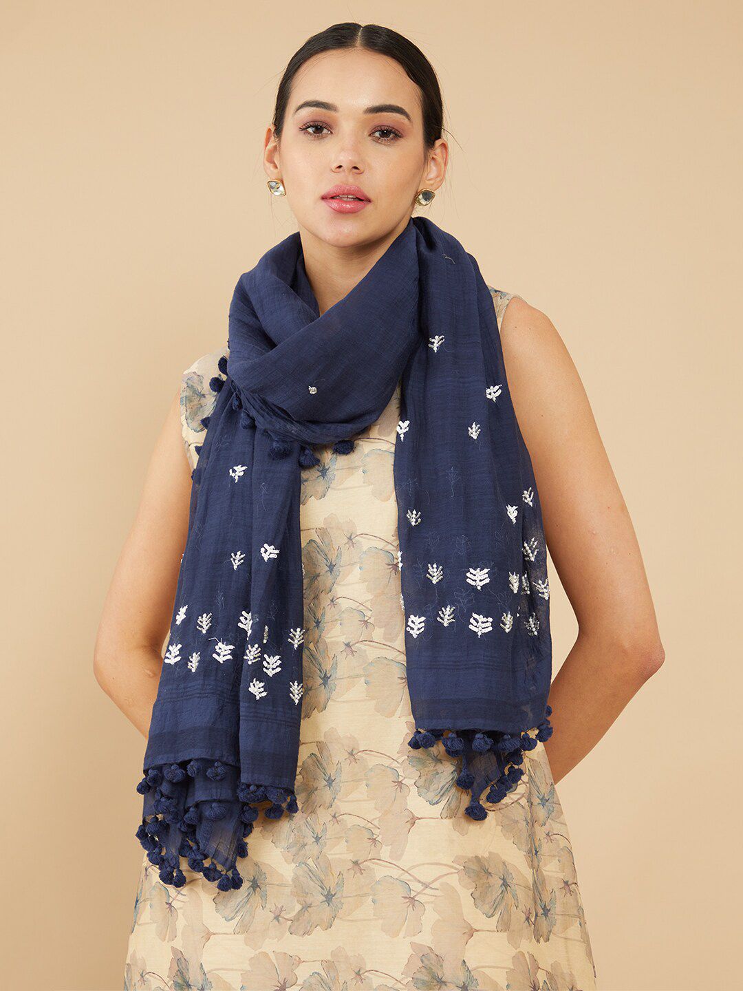 Soch Women Navy Blue & White Embroidered Stole Price in India