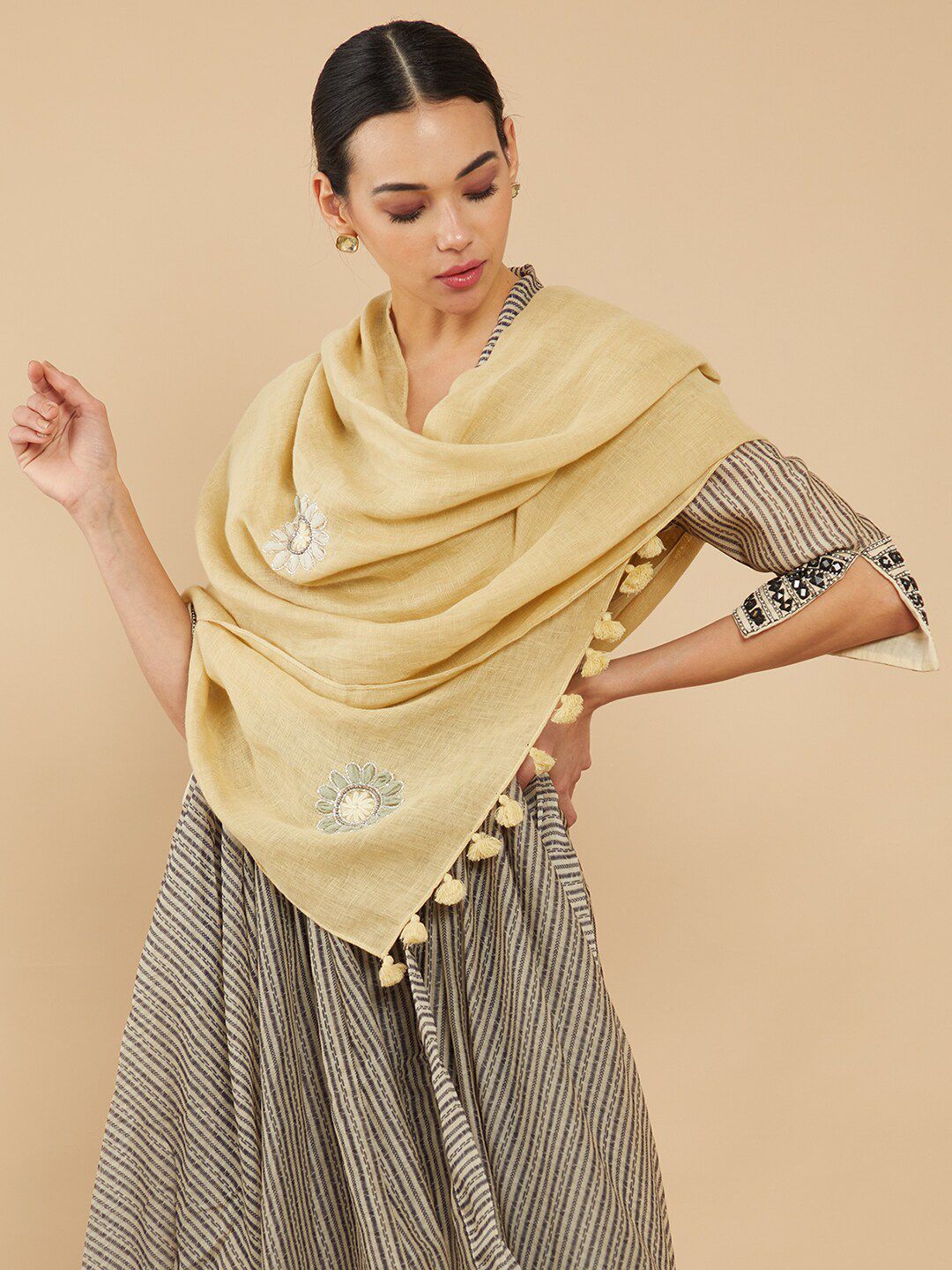 Soch Women Beige Embroidered Stole Price in India