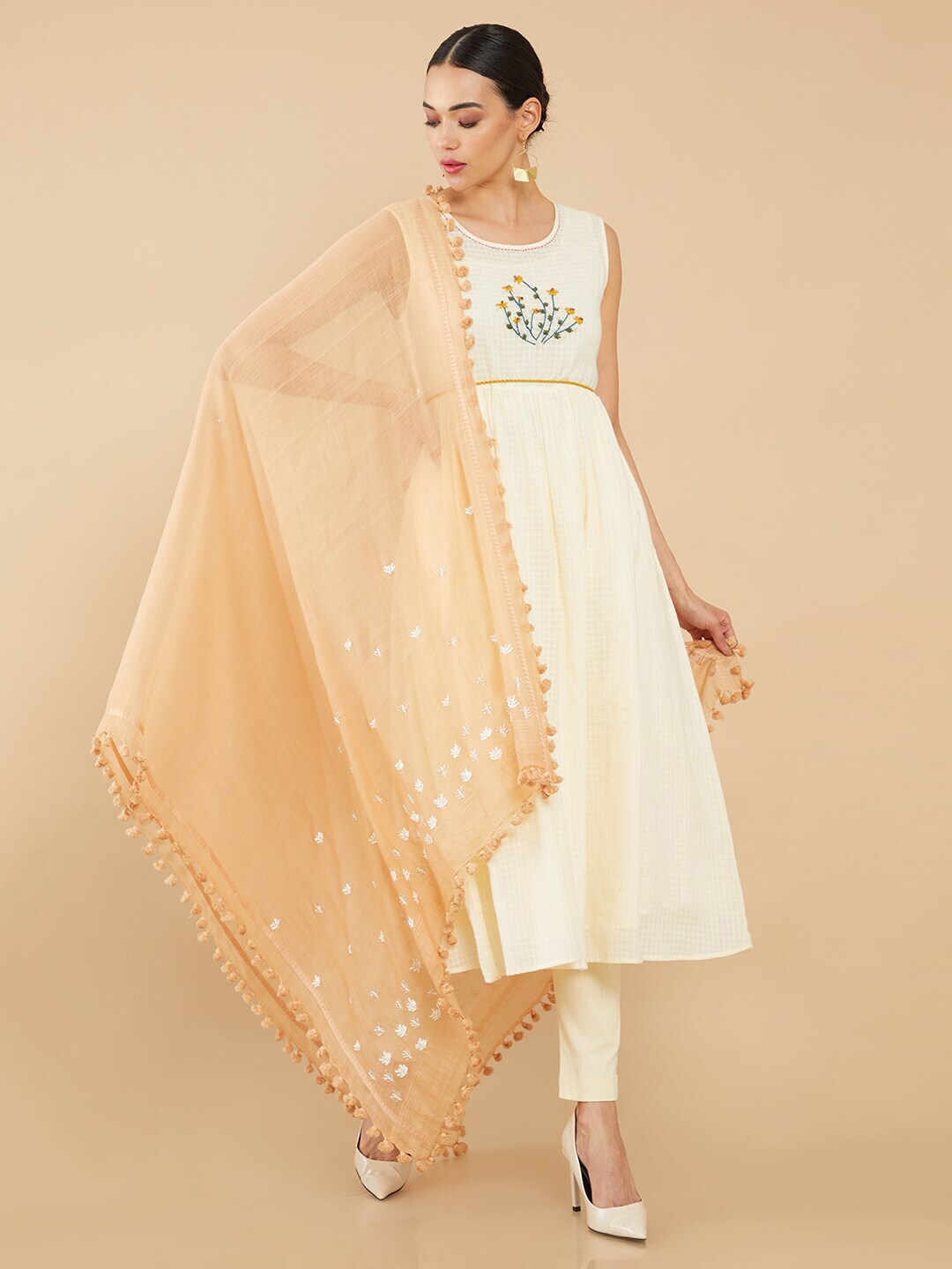 Soch Women Beige & White Embroidered Stole Price in India