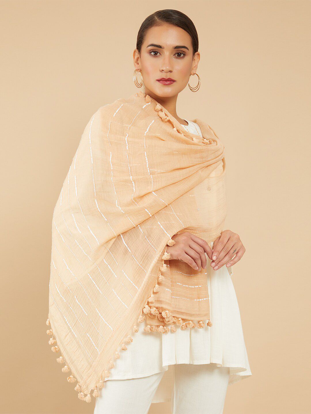 Soch Women Brown & Silver-Toned Woven Design Stole Price in India