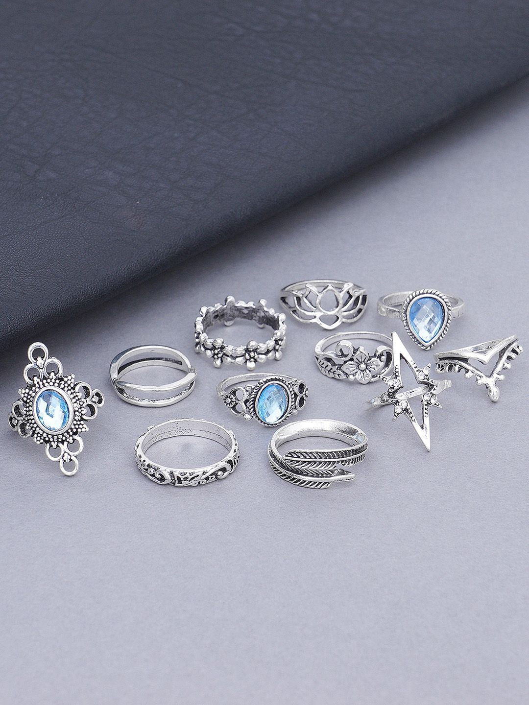 KARATCART Set Of 11 Oxidised Silver-Plated & Turquoise-Blue Stones-Studded Finger Rings Price in India