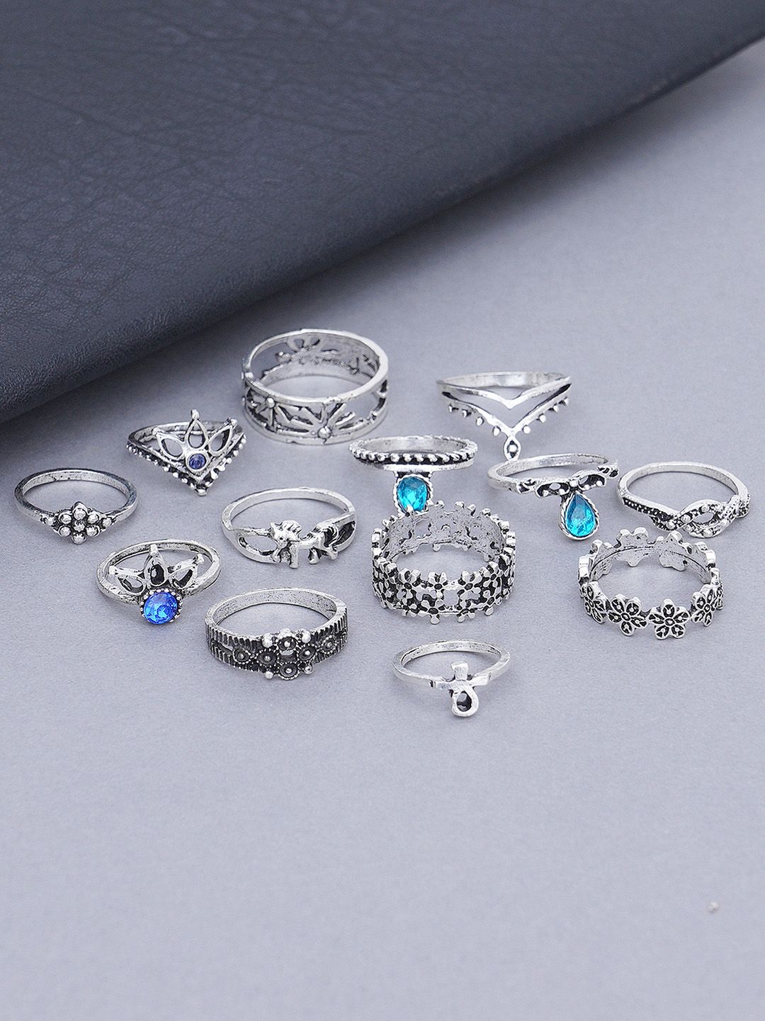 KARATCART Set Of 13 Oxidised Silver-Plated & Turquoise-Blue Stones-Studded Finger Rings Price in India