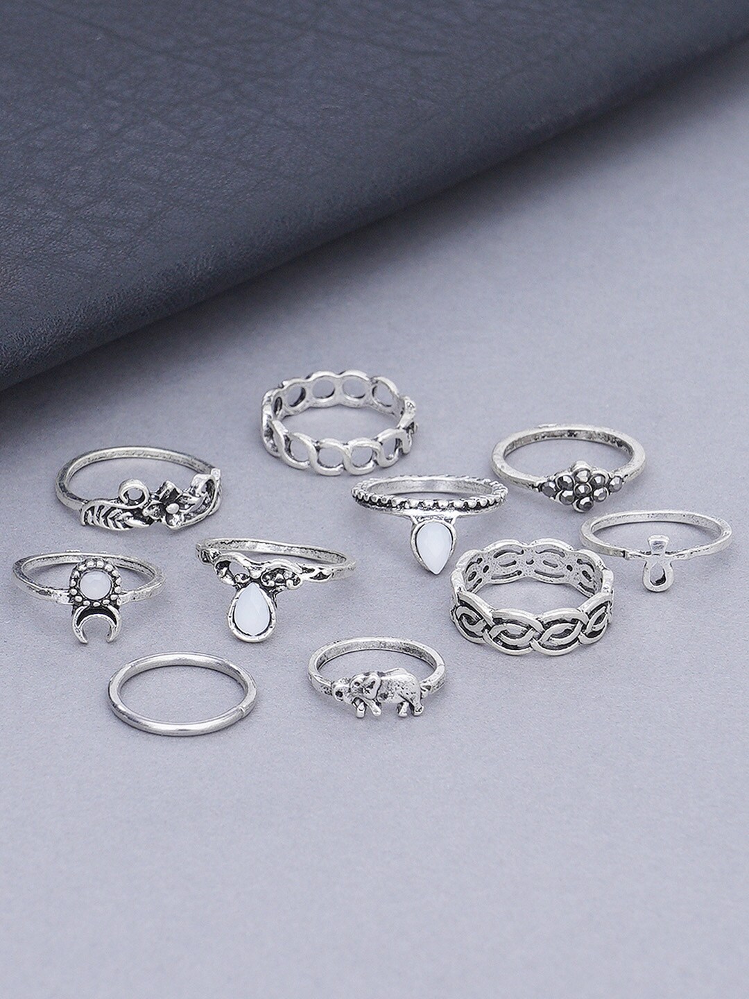 KARATCART Set Of 10 Oxidised Silver-Plated White Stone-Studded Finger Rings Price in India